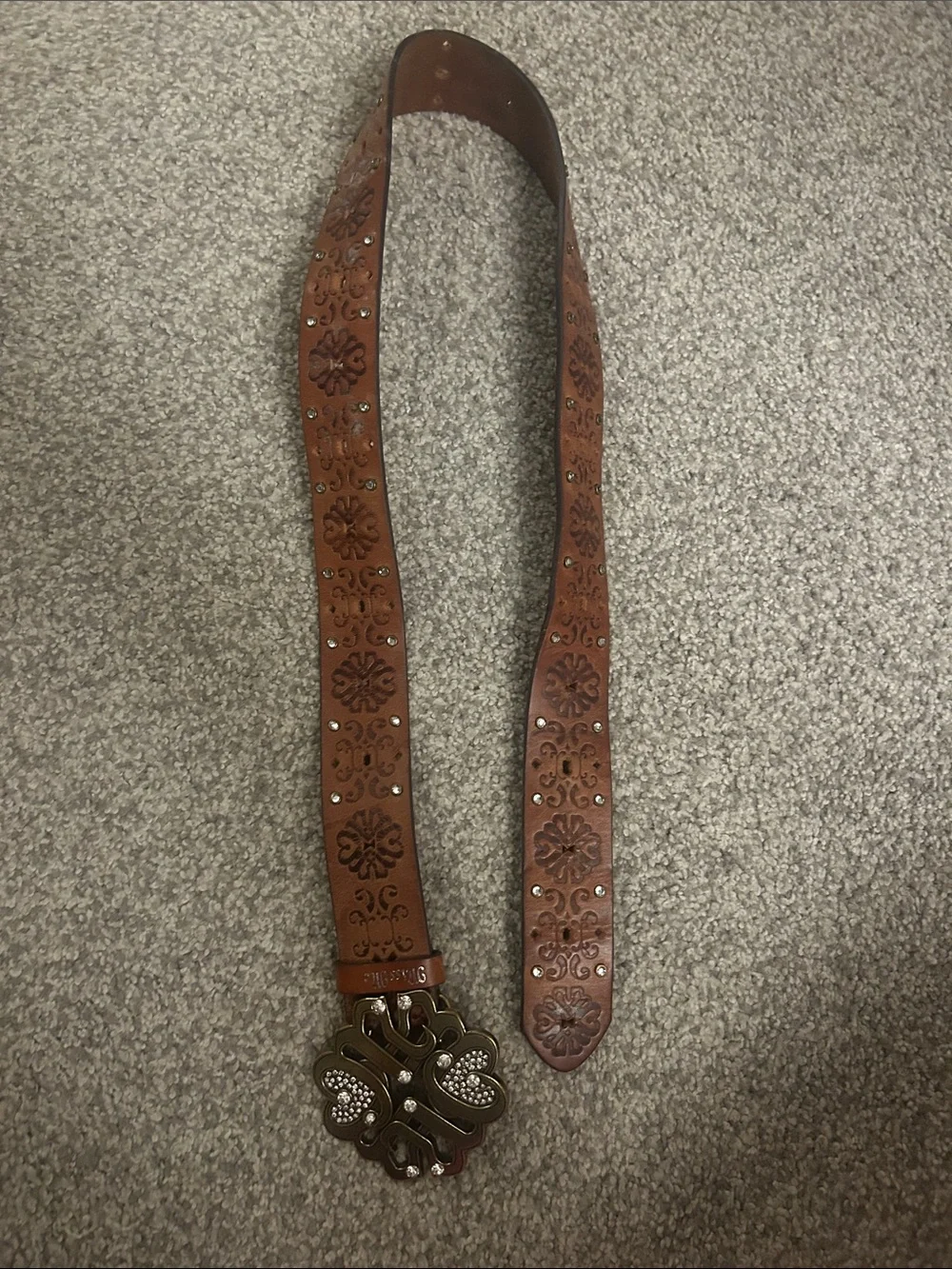 Miss Me small Brown Tooled Leather Belt with Decorative Rhinestone Buckle